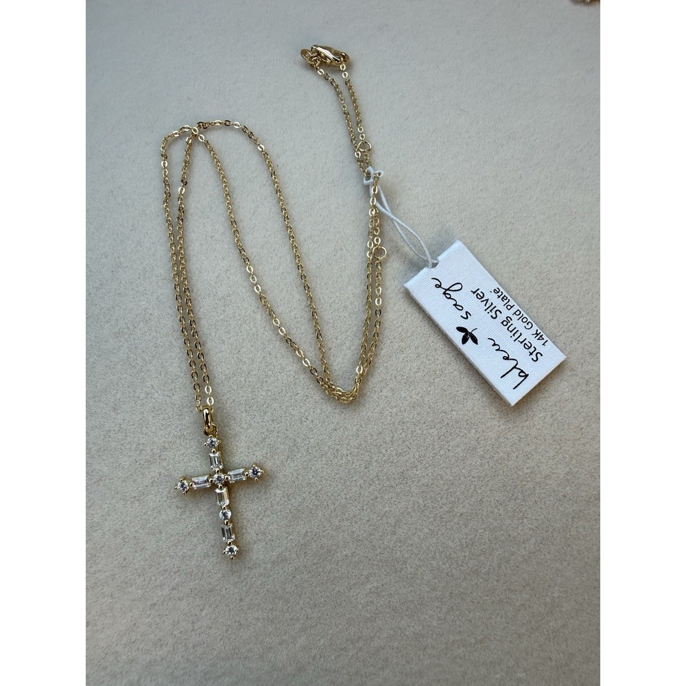 14Kt Gold Plated 925 Sterling Silver Cross Womens Necklace With CZ Stones NEW